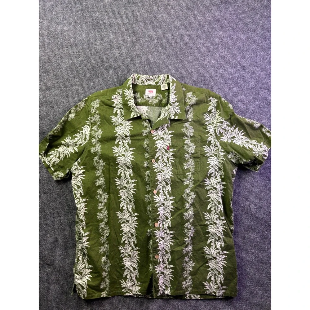 Levi's Button Up Shirt‎ Mens XXL Green Tropical Palm Leaf Print Short Sleeve